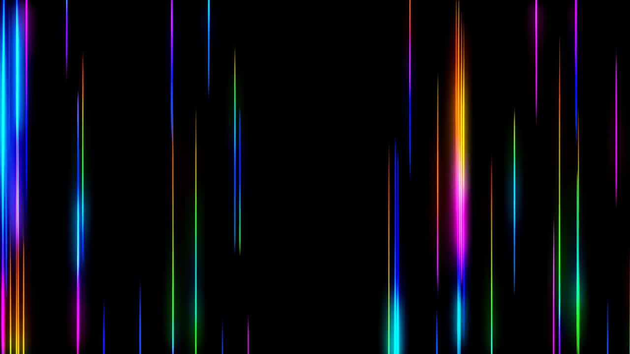 Haces de luz verticales de colores cayendo sobre un vacío negro, efecto visualizador de discoteca, estelas prismáticas pulsando.