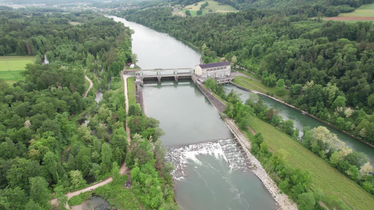Hydropower station with fish ladder, in Aarau, Switzerland. Green energy power generation with ecological restoration measures