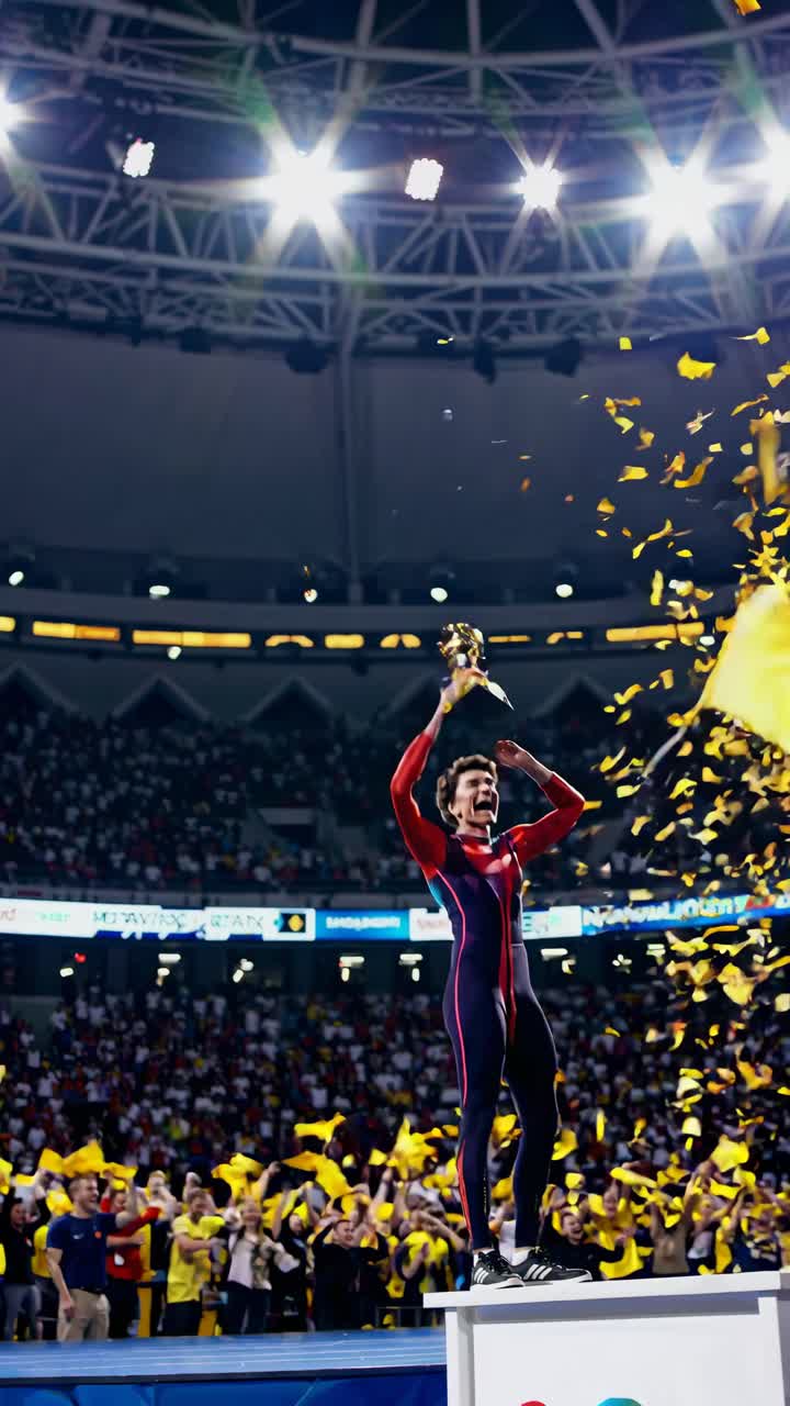 A victorious athlete holds a trophy aloft on a podium, confetti falling, captured from a low-angle