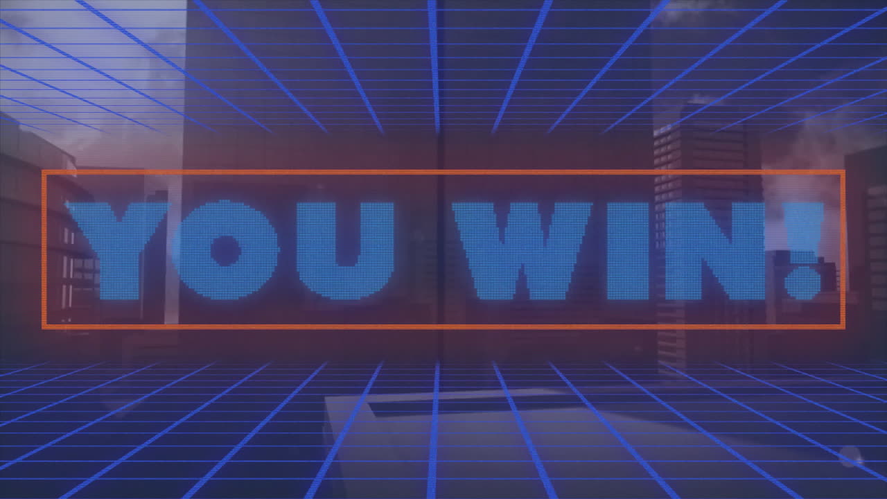 Glowing You Win animation over retro futuristic grid background in school setting