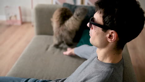 side view of a blind man in sunglasses sitting on the sofa at home and petting his cat