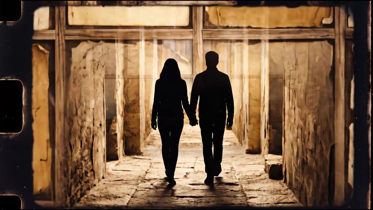 Silhouette of a Couple Walking Hand in Hand Through an Old Corridor