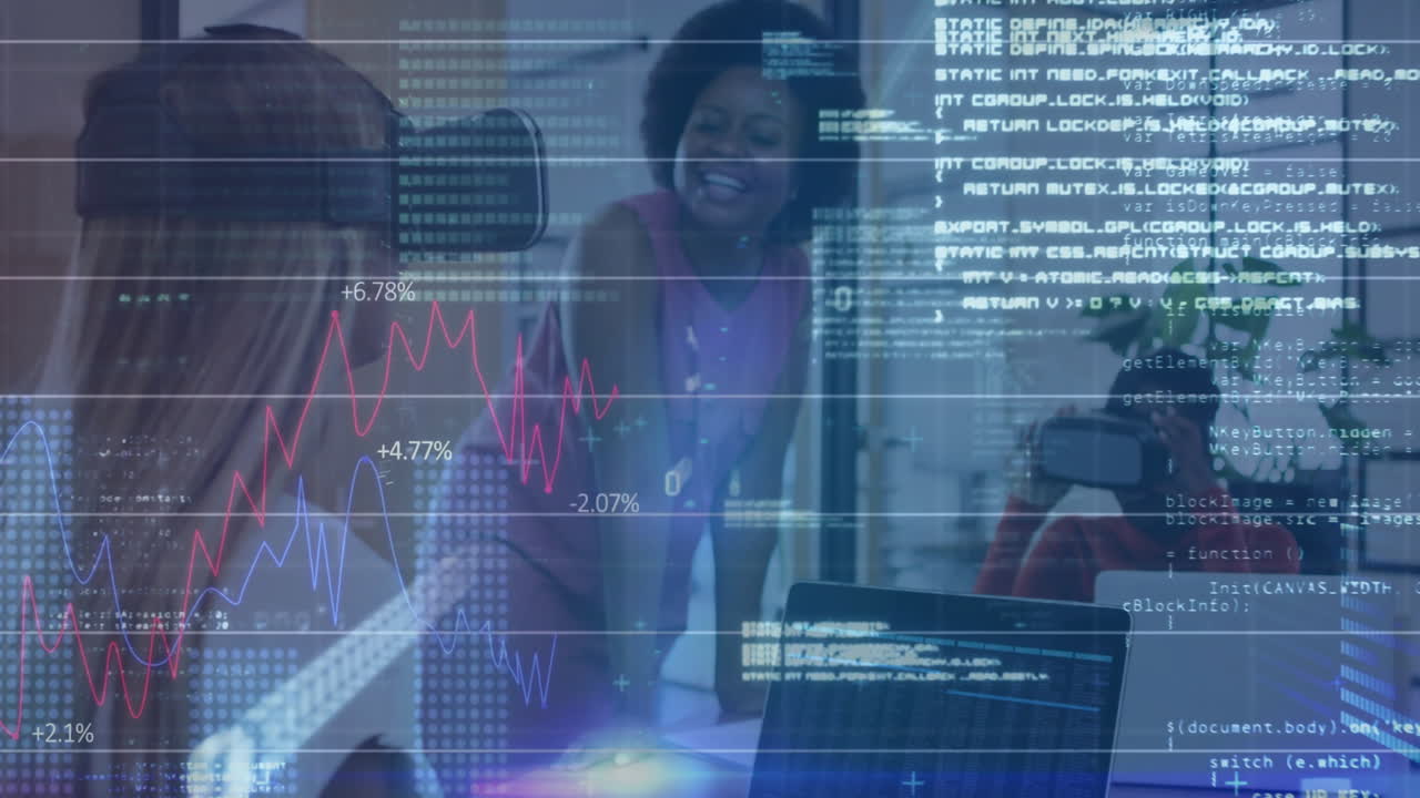 Animation of financial data processing over diverse colleagues discussing work in office