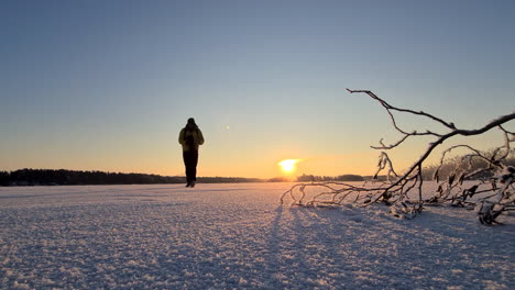 viaje ártico en el desierto nevado, senderismo masculino caminando por el frío paisaje invernal congelado, en vaasa, finlandia