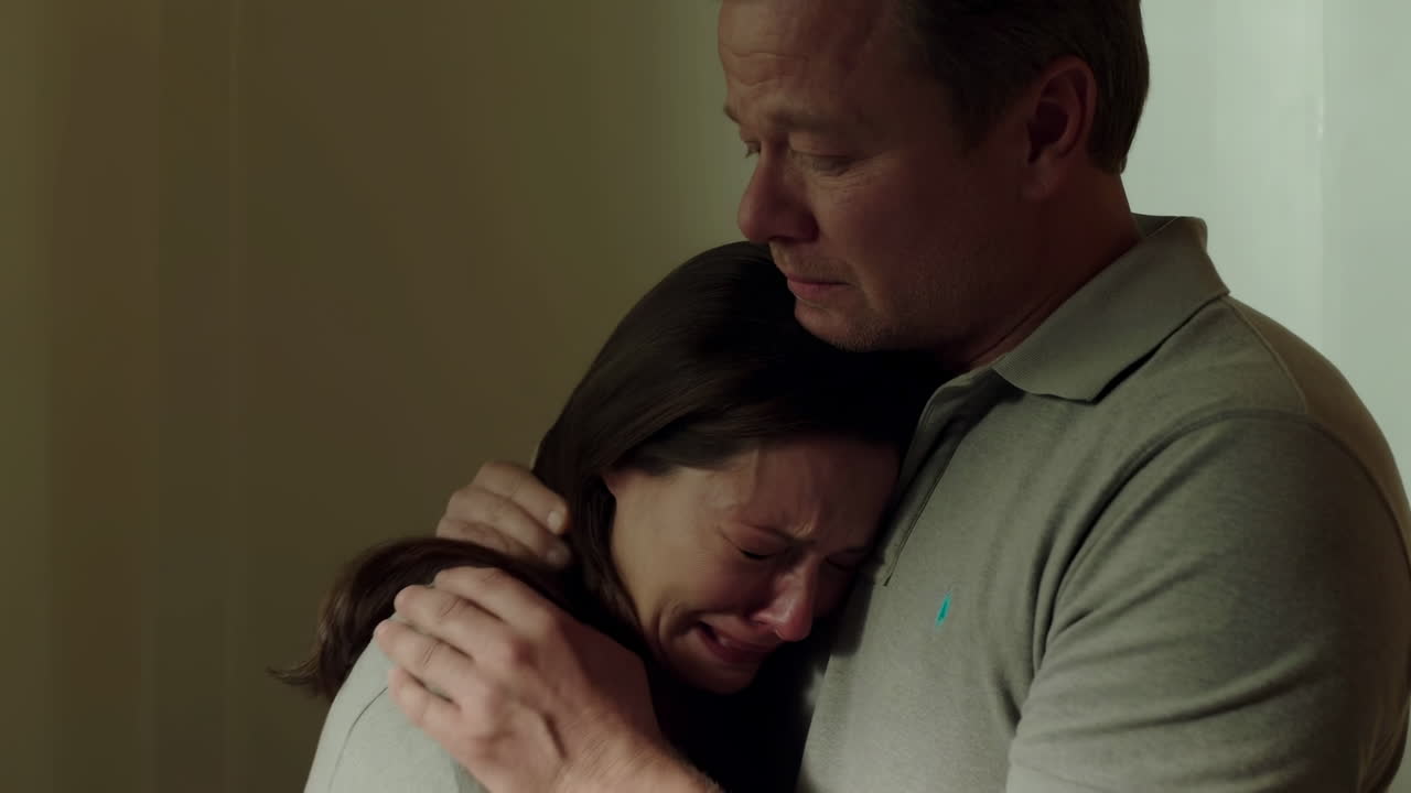 Man Comforting Crying Woman in a Somber Embrace