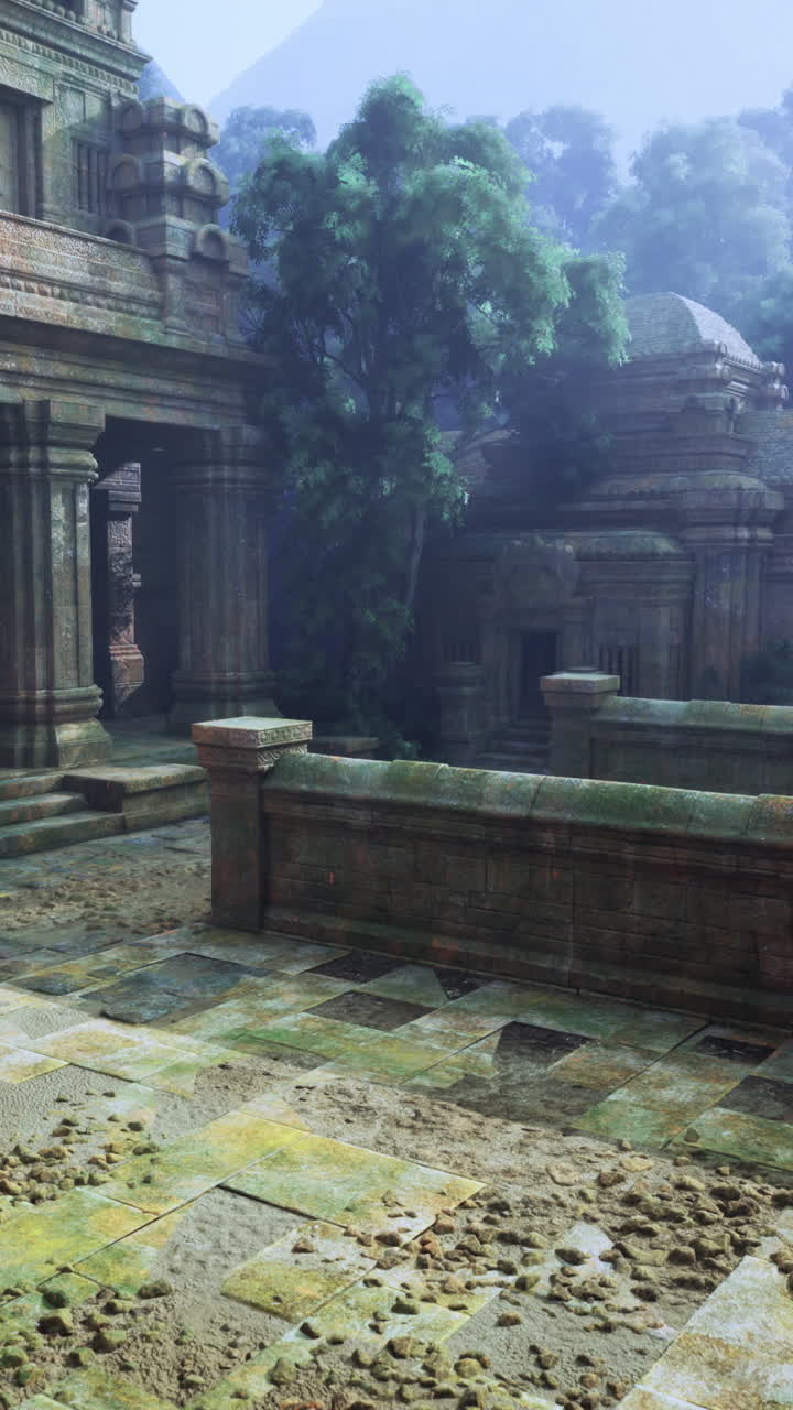 Ancient temple ruins surrounded by dense jungle in a misty morning light