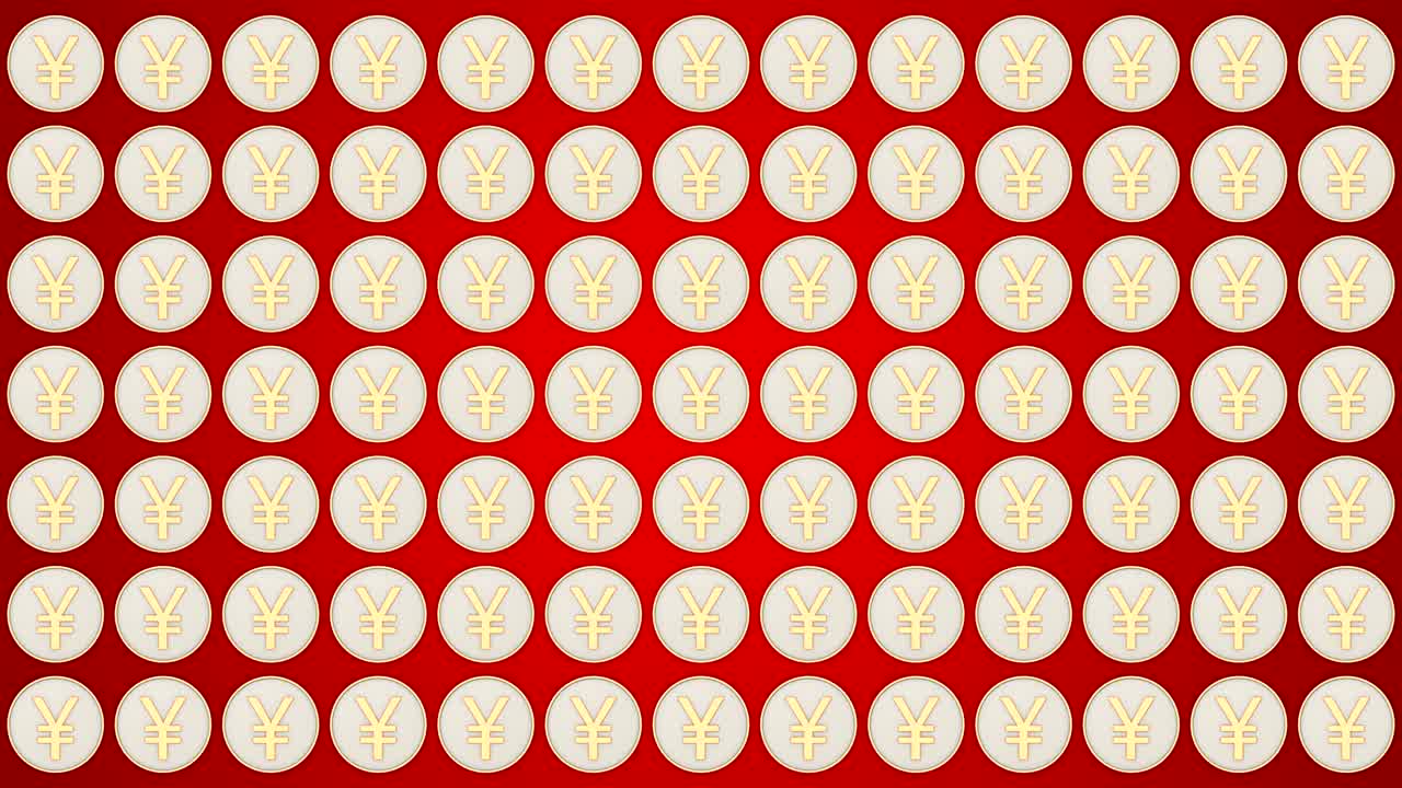 Monete yuan cinesi su sfondo rosso, movimento orizzontale