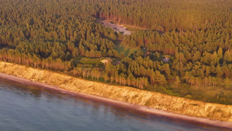 aerial view of jurkalnes stavkrasts coastal cliff with dense forest trees in baltic sea, latvia.