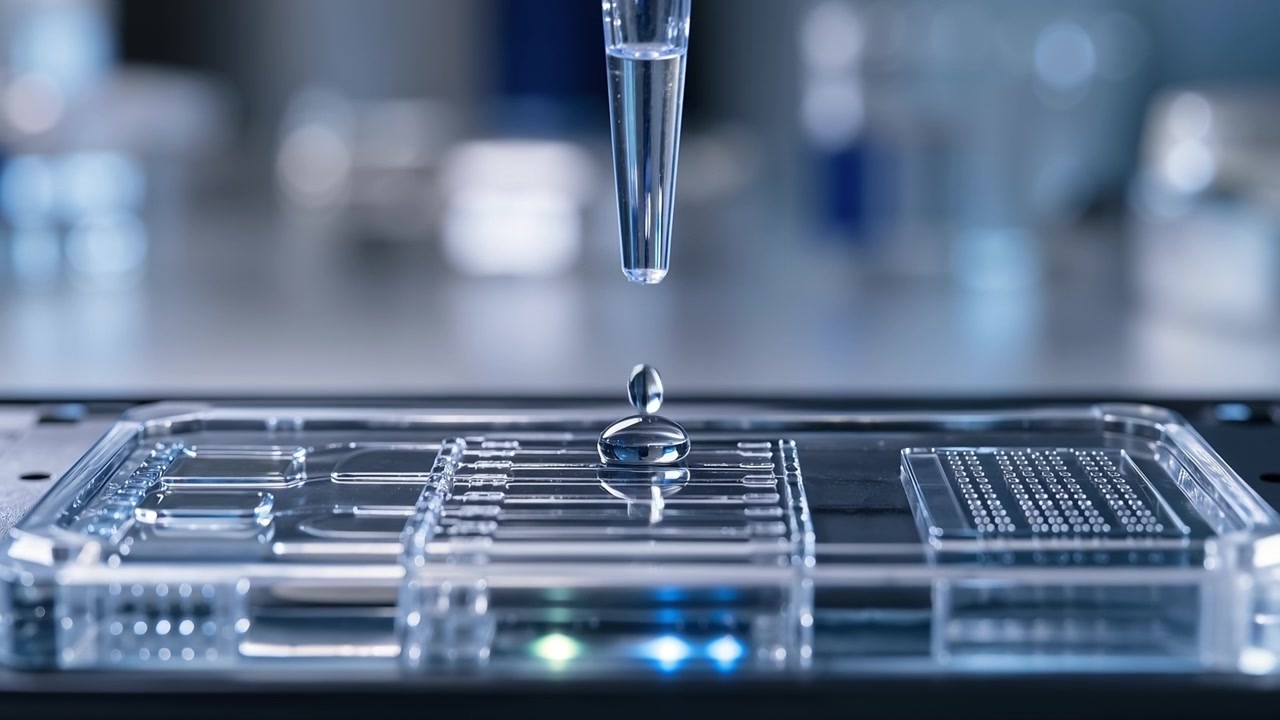Close up of a pipette dispensing liquid onto a microfluidic device in a laboratory
