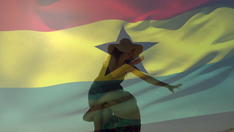 Dancing silhouette over Ghana flag, vibrant colors creating animation effect