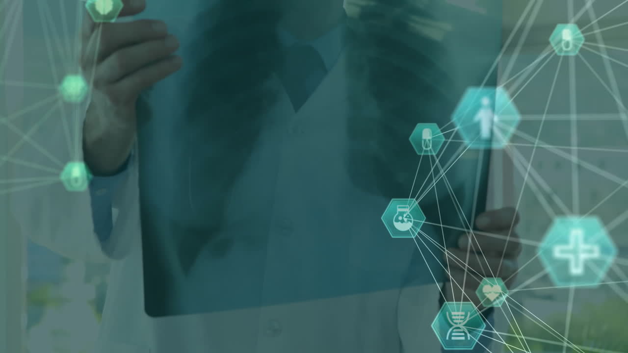 스레이를 들고 있는 백인 남성 의사 위의 의료 아이콘 네트워크의 애니메이션