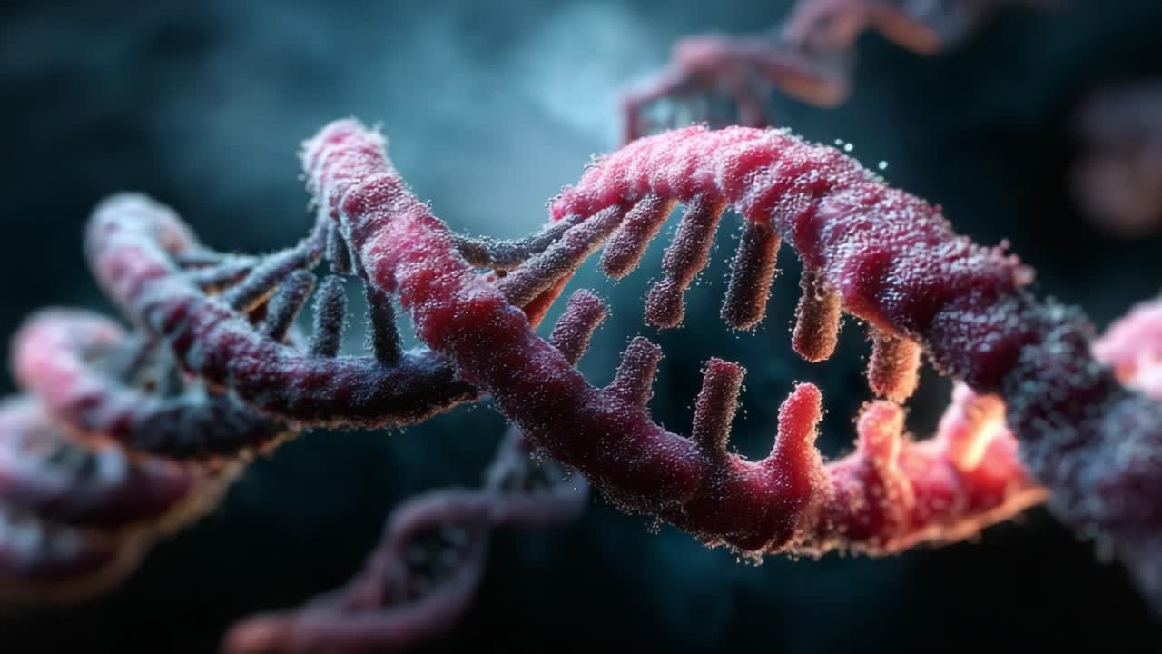 A Close-Up Exploration of Molecular Structures: The Intricacies of DNA Helices in Stunning Detail and Vibrant Color Against a Dark Background