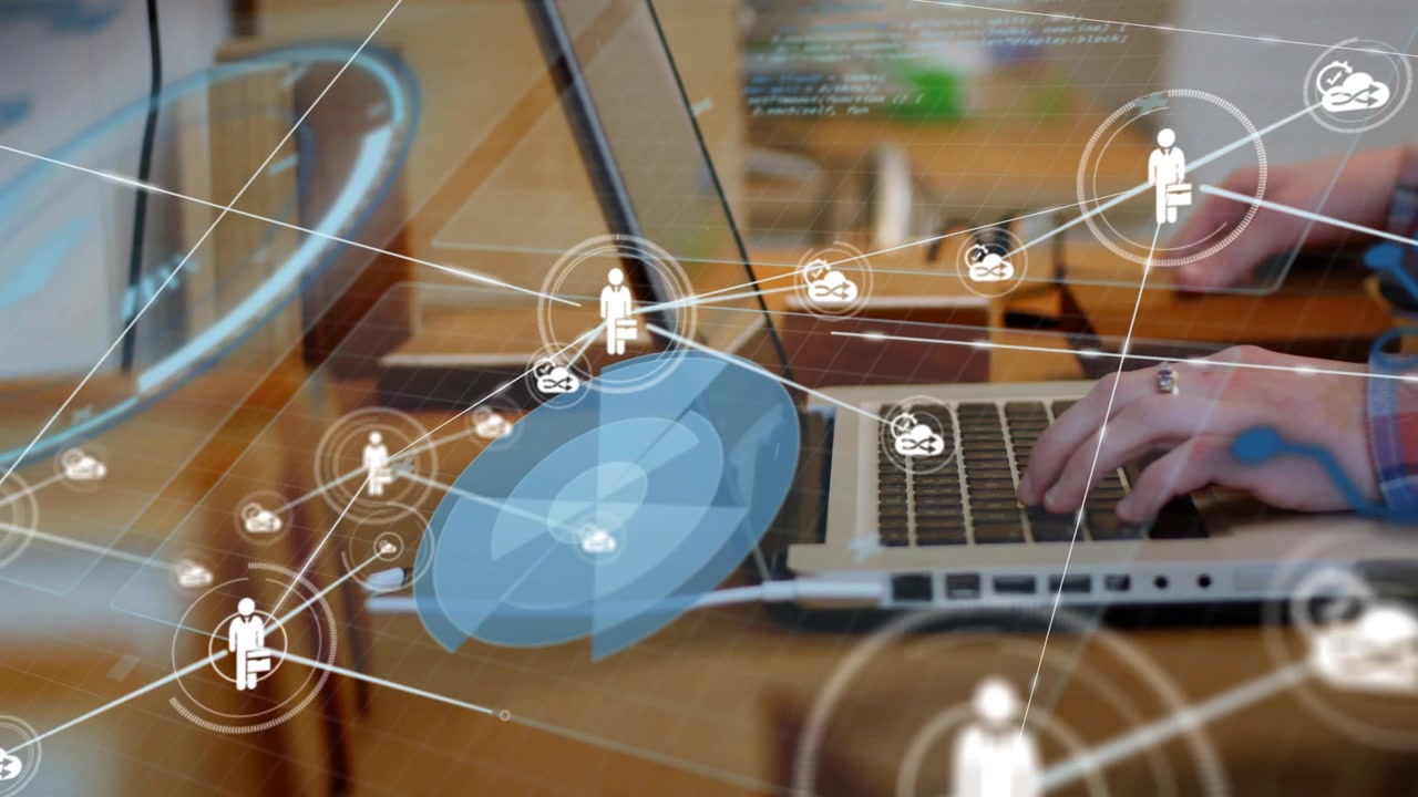 Payment card tapping laptop starting data entry while network icons growing showing connectivity