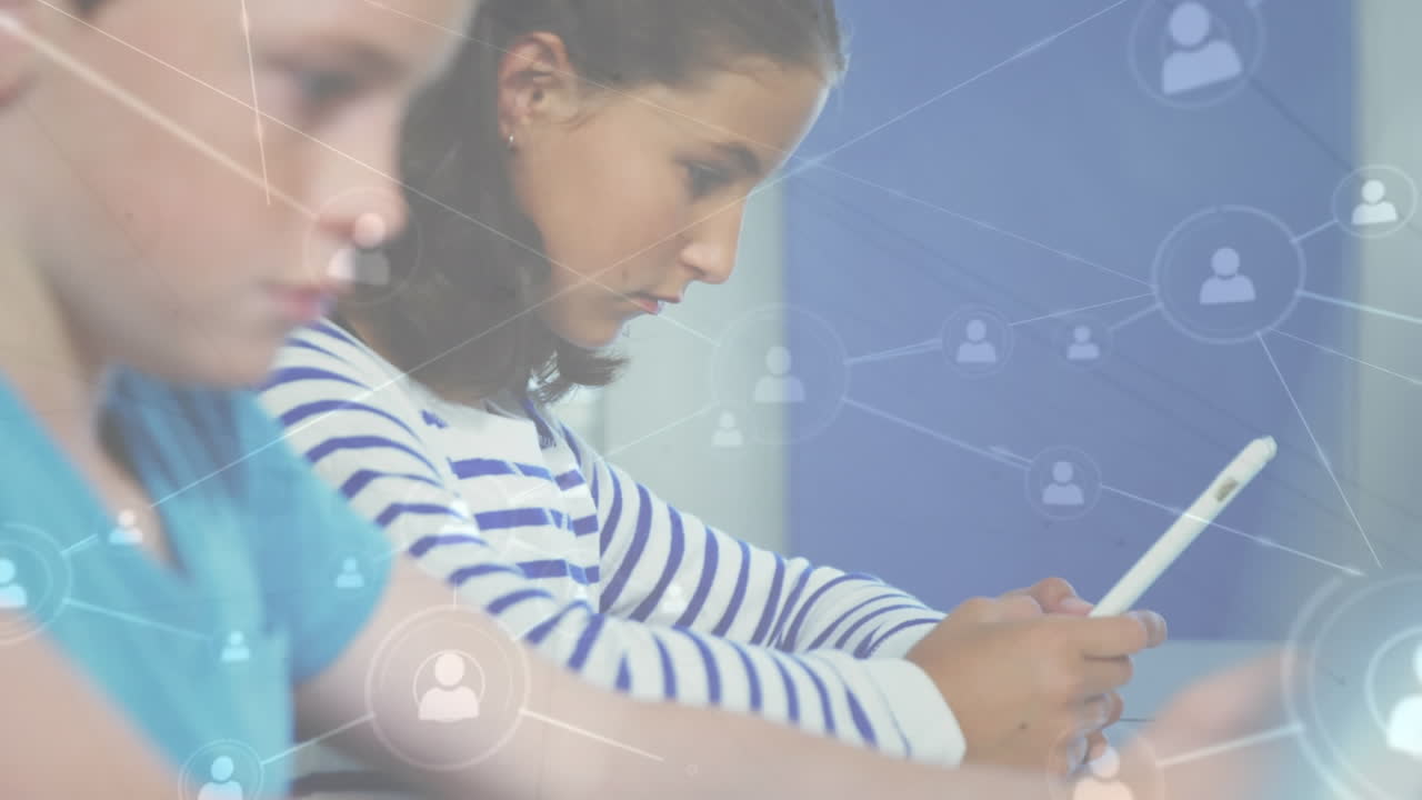 animación de la red de conexiones con iconos sobre los estudiantes en la escuela