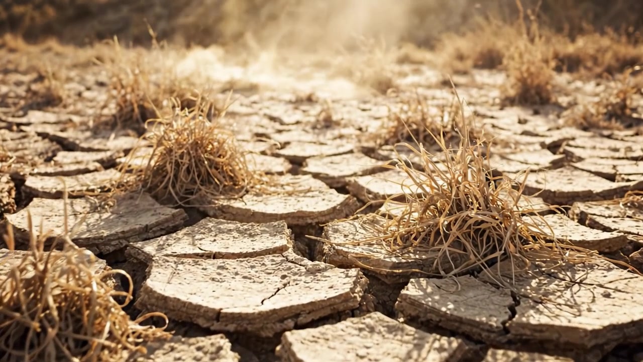 Drought Impact: Cracked Earth and Dry Grass Highlighting the Devastating Effects of Water Shortages on Arid Landscapes