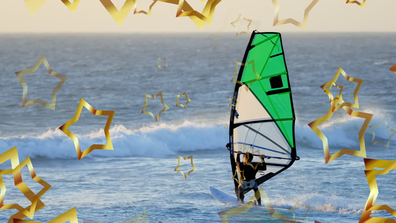 анимация звезд над кавказским человеком, занимающимся виндсерфингом в море.