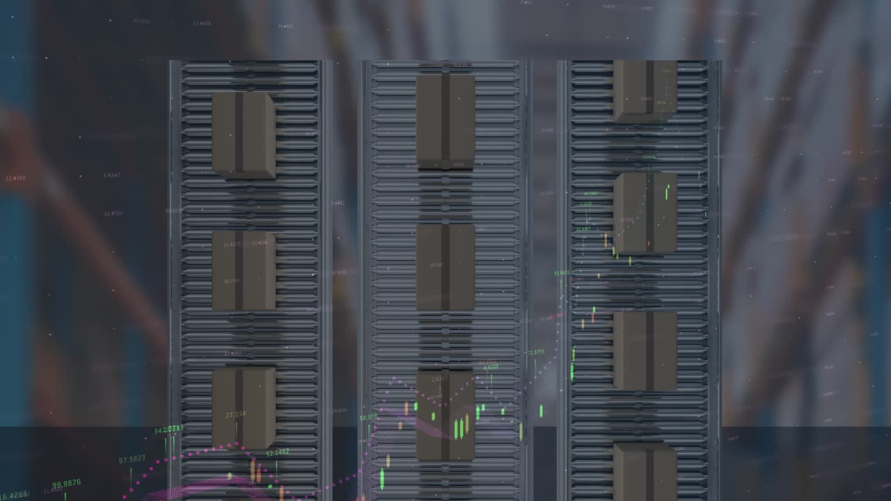 animación del procesamiento de estadísticas sobre cajas de cartón en cintas transportadoras en el fondo