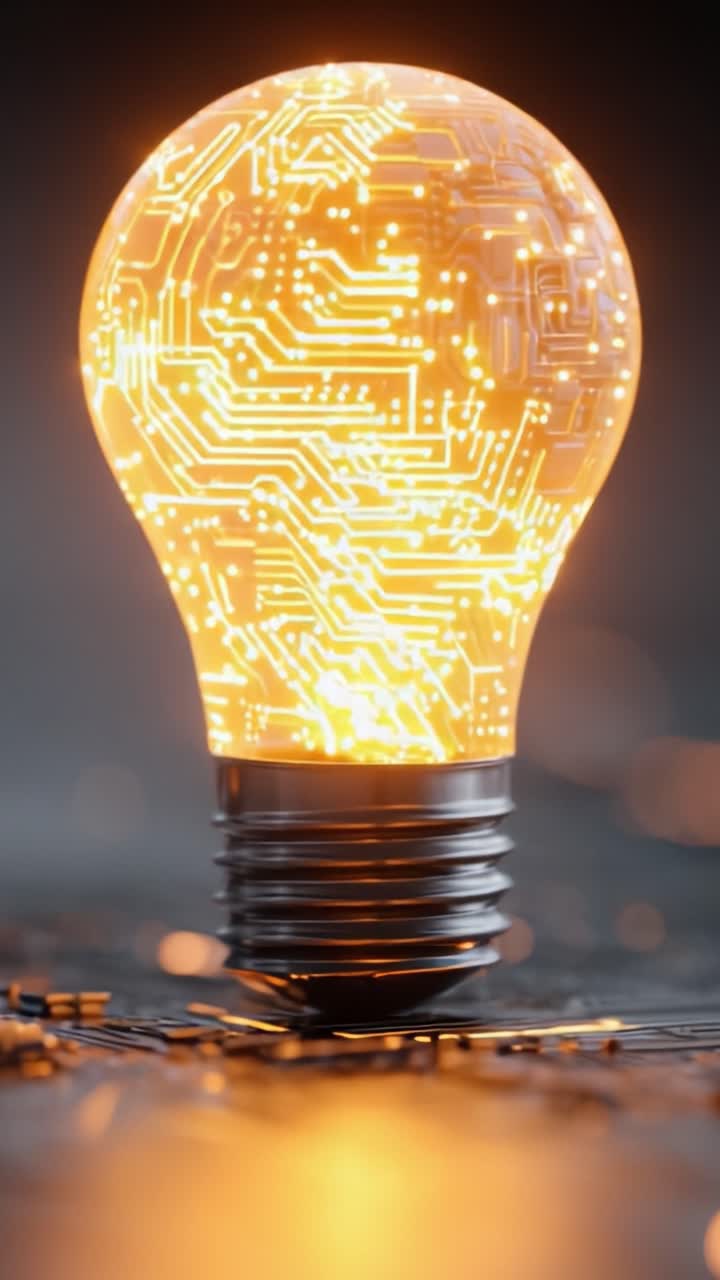 Una Fusione Straordinaria di Tecnologia e Illuminazione: Il Bagliore di una Lampadina High-Tech con Intricati Motivi Circuitali e un Bagliore Radioso al Suo Interno
