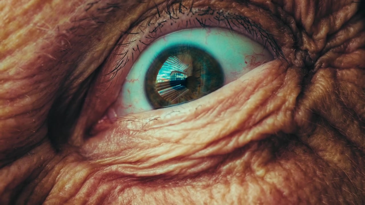 Close-up macro do olho de uma pessoa idosa com movimentos rápidos, bruscos e perturbadores, criando um olhar demoníaco e maligno. Conceito de horror intenso de uma criatura assustadora ou presença monstruosa olhando para você. 4k