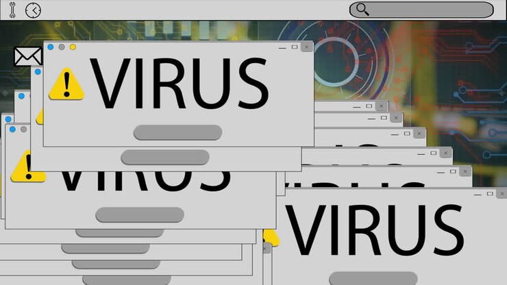 Animation af mikroprocessorforbindelser og virus pop-ups mod nærbillede af en computer server