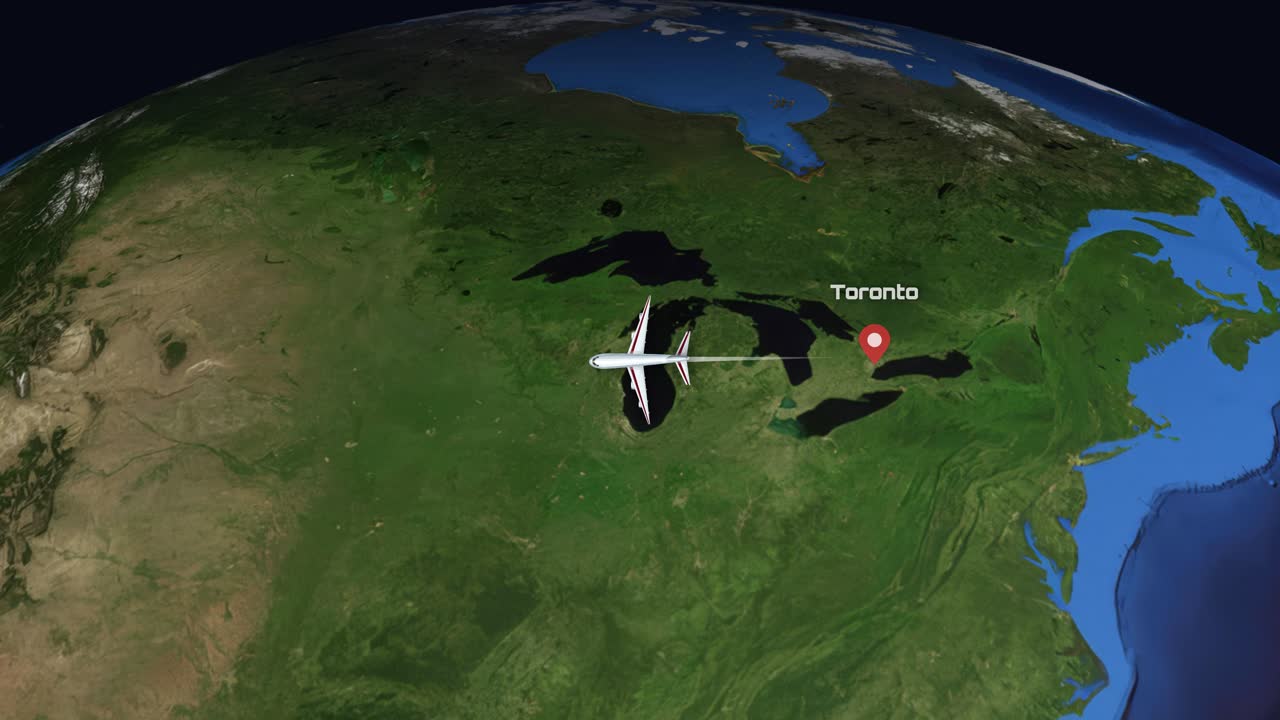 Satellite view animation follows a commercial airplane flying across North America between two cities