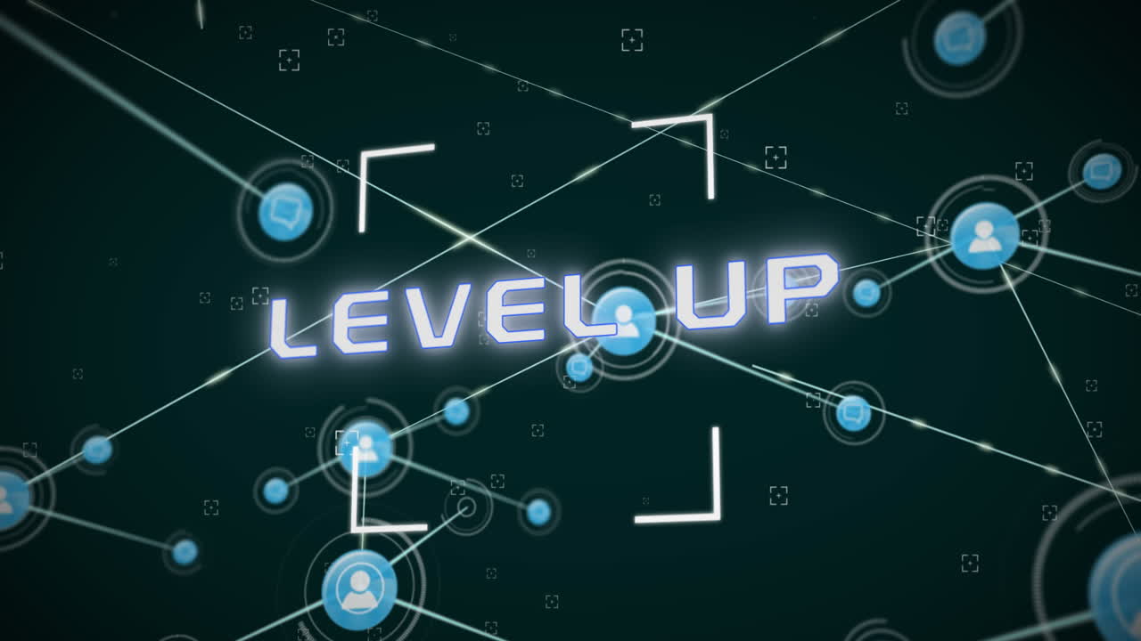 레벨 업 텍스트와 연결된 사람 및 메시지 아이콘을 가진 뷰파인더의 애니메이션