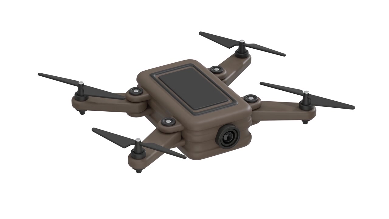 Drone quadricottero marrone in bilico su sfondo bianco