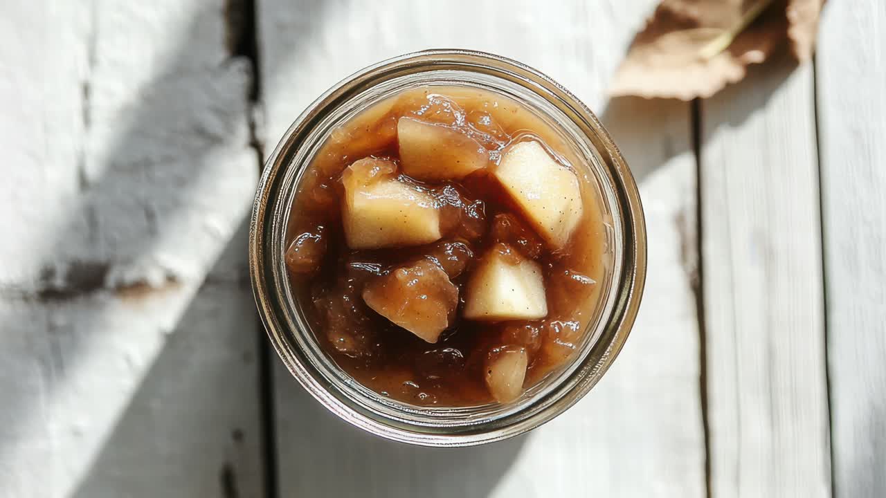 유리 항아리 에 집 에서 만든 사과 버터