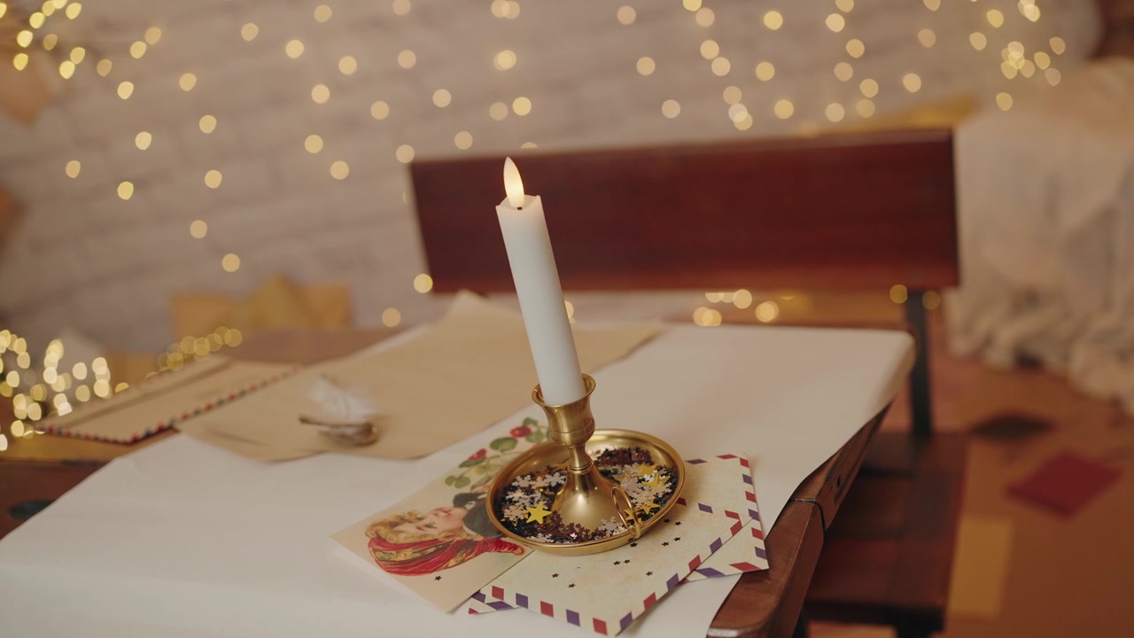 Lit candle on a desk with vintage postcards, bokeh lights, and holiday decor - slowmo