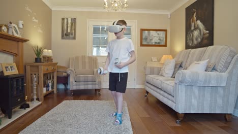 child have fun with virtual reality headset at home in living room