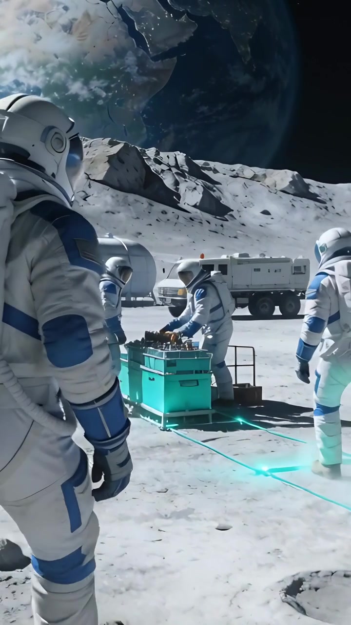 Video verticale: UTV che si ferma, equipaggio in tuta spaziale che scintilla mentre sistema una cassa color verde acqua su un sentiero in una base lunare per riporla.