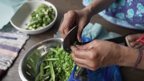 weathered hands of women cutting greens beans using