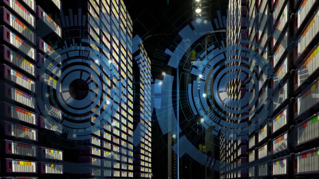 Animation of two blue round scanners spinning against computer server room
