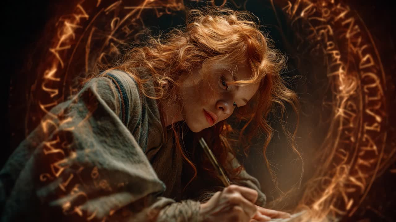 A Mysterious Woman Engaged in Ancient Script Writing Surrounded by Enigmatic Symbols in a Magical Realm of Alchemical Wonder