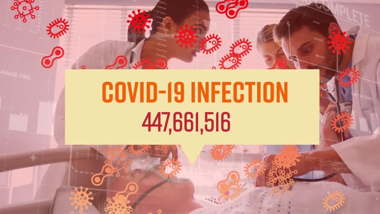 코로나 19 세포의 애니메이션과 병원의 환자와 의사에 대한 데이터