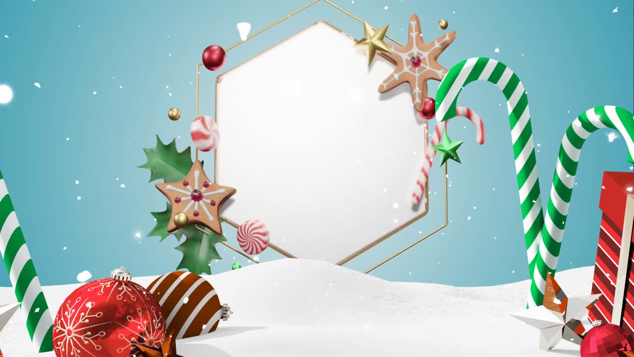 animación de nieve cayendo y decoraciones de navidad sobre hexágono con espacio de copia en fondo azul.