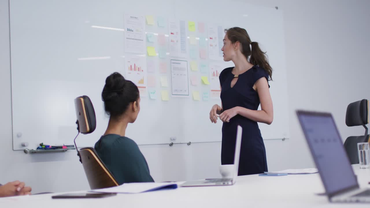 mujer caucásica dando una presentación frente a sus colegas de oficina en la sala de reuniones en la oficina