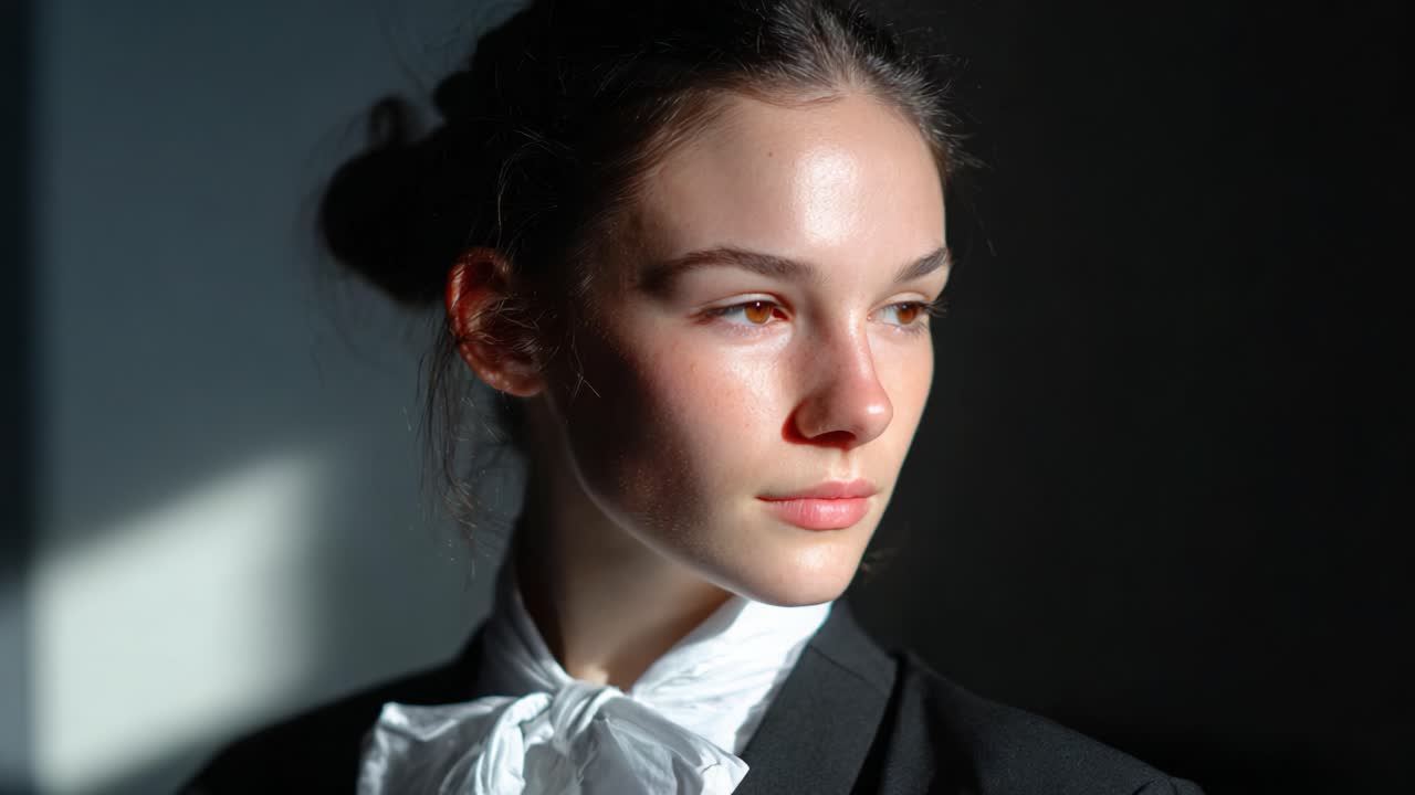A Portrait of Serenity: Capturing a Young Woman's Poised Expression in Dramatic Lighting and Elegant Attire, Showcasing Confidence and Inner Reflections