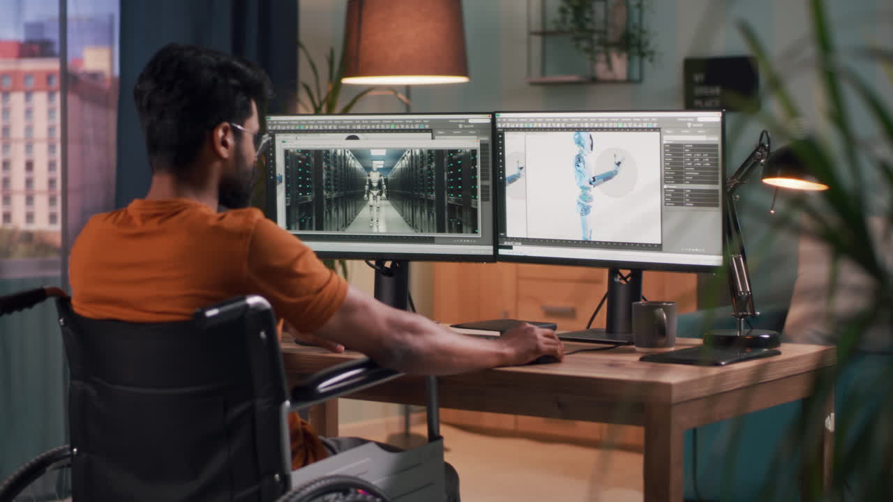 Person working on 3D modeling software in a home office on a wheelchair