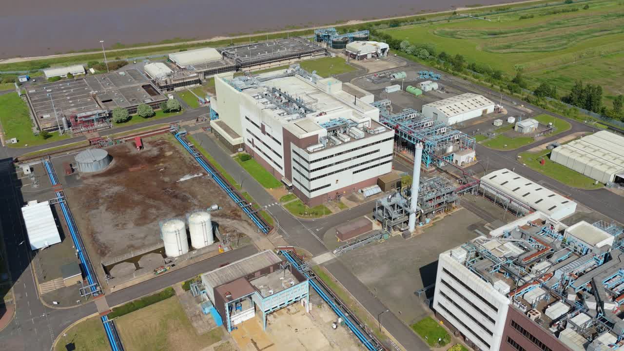 Drone image of Humber Energy Park showing research buildings and industrial piping