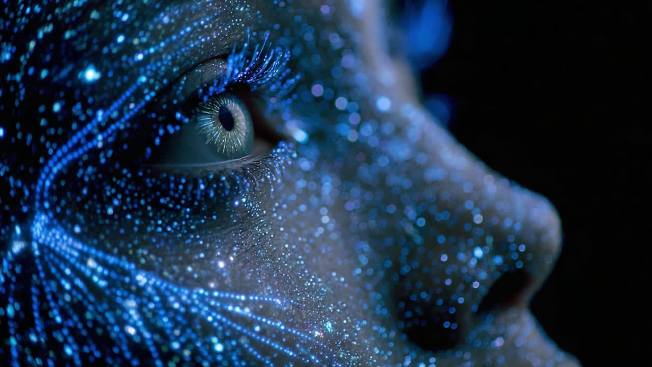 A Captivating Portrait Showcasing a Face Adorned with Vibrant Blue Particles, Creating a Cosmic Effect Against a Dark Background, Merging Art and Technology