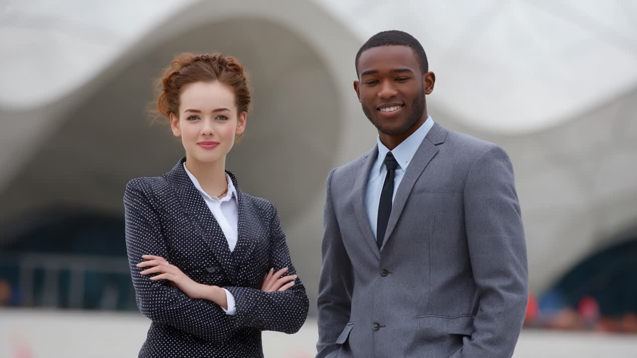 A Confident Business Duo Posing Elegantly Outdoors, Showcasing Modern Fashion and Professionalism Against a Contemporary Architectural Background