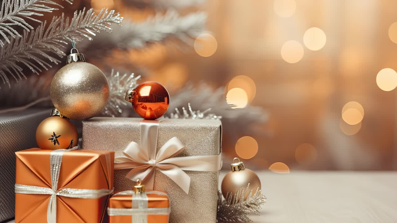 Festive holiday scene with wrapped gifts and ornaments under a tree