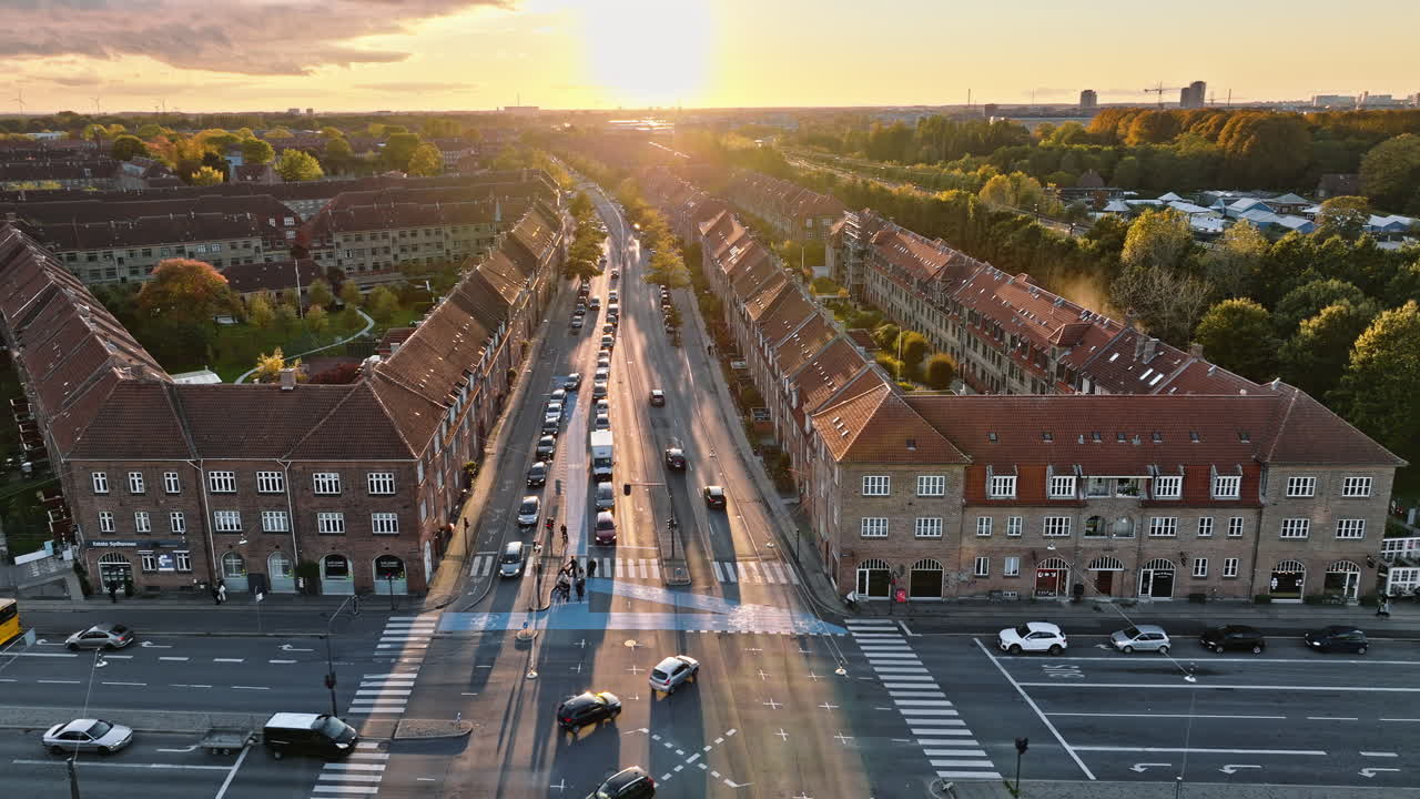 Aerial drone view of Vesterbro district in Copenhagen, Denmark at sunset
