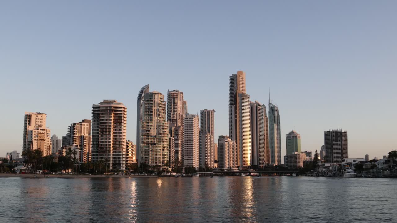 Time-lapse of a city skyline during sunset
