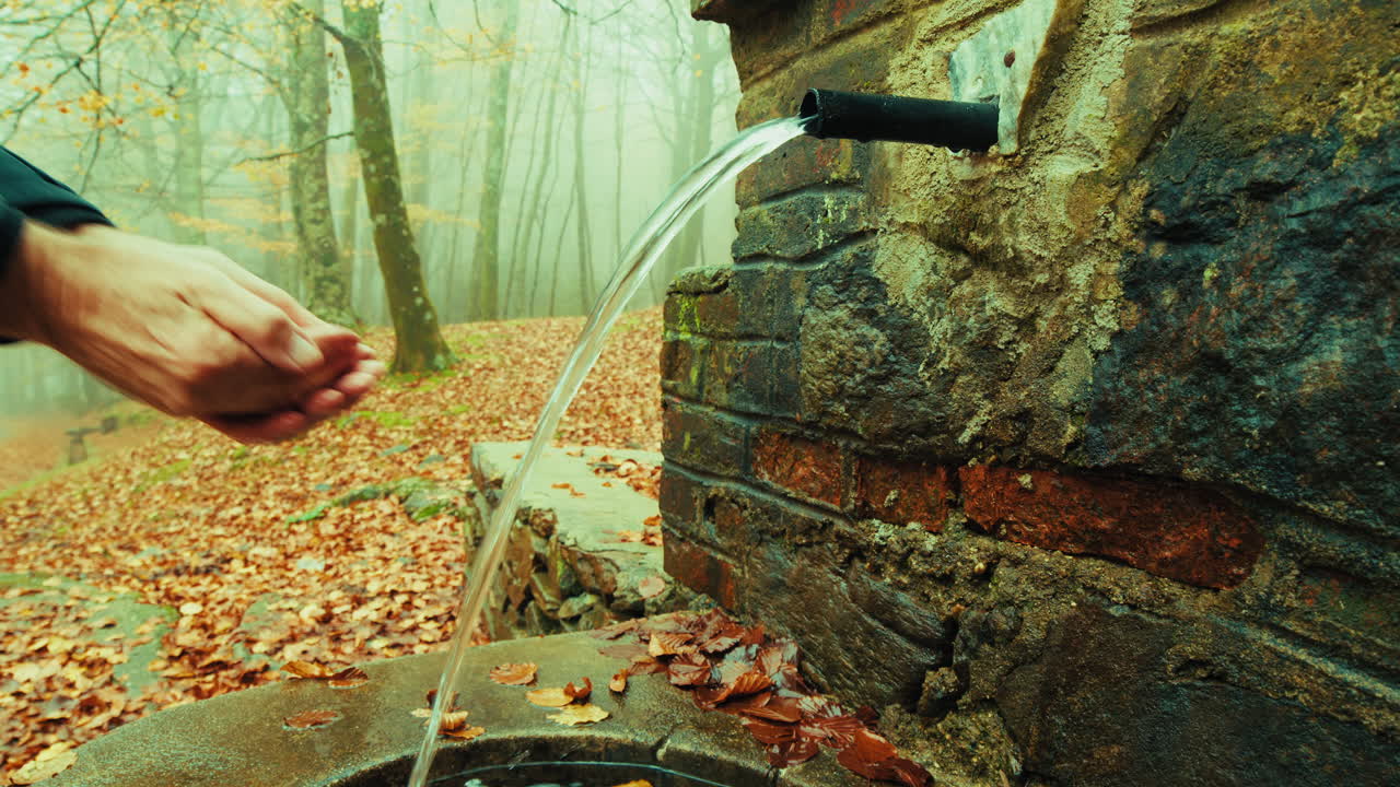 An Elderly Man's Hands Cooling Down in a Mountain Spring Fountain on a Foggy Day