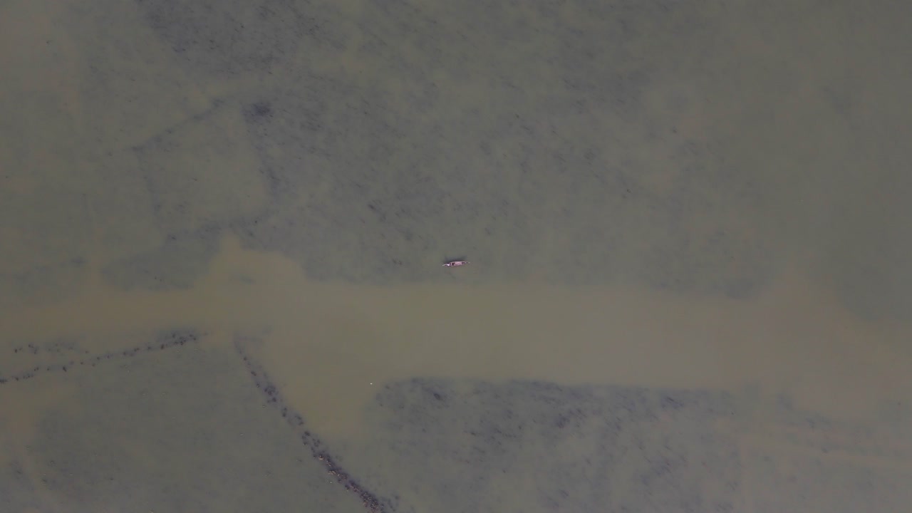 갈색 물에 작은 어선에 내림차순 조감도