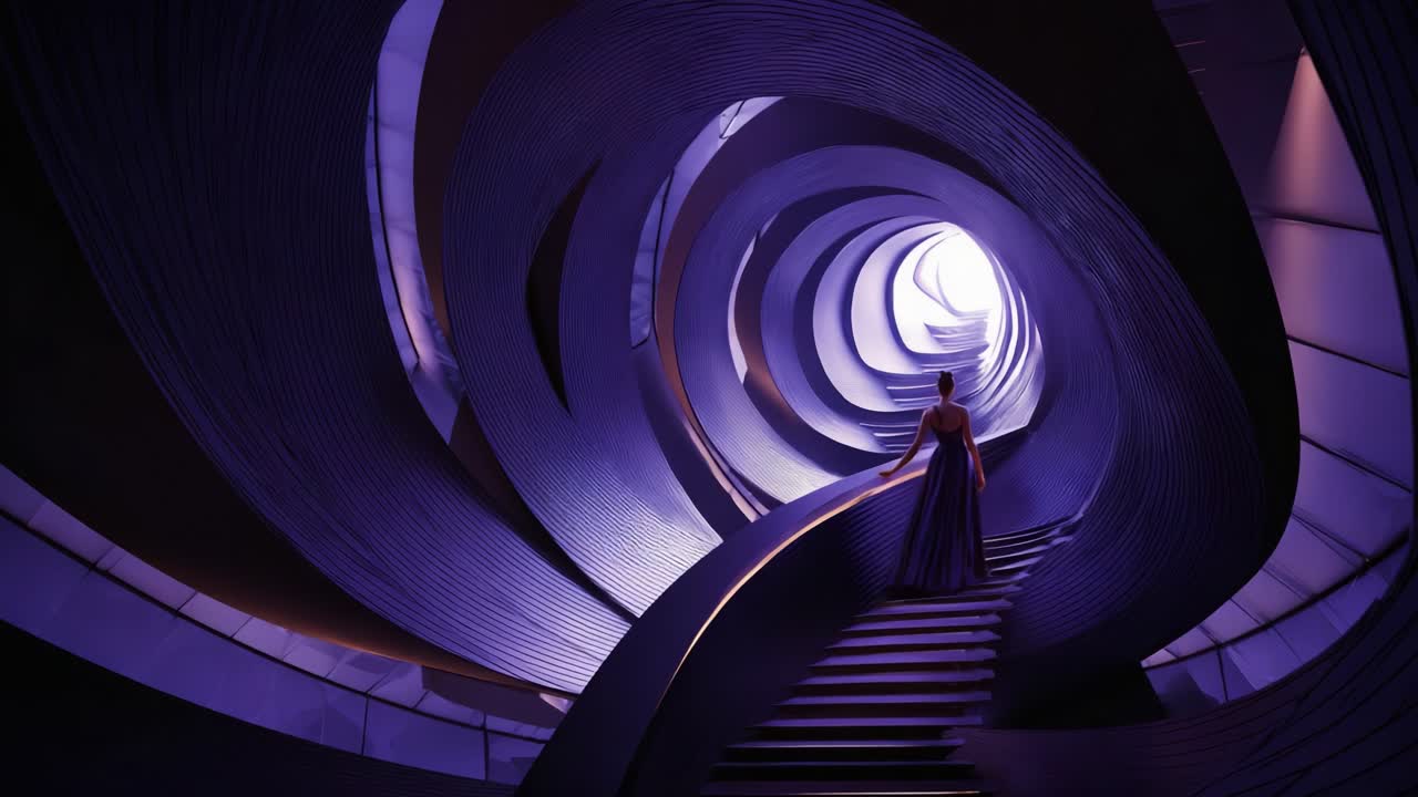 A woman dressed in a stunning gown stands gracefully at the end of a swirling, futuristic staircase within a mesmerizing, purple-lit architectural space, creating an ethereal atmosphere of elegance and intrigue