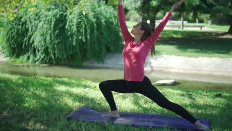 woman doing crescent lunge twist and side stretches