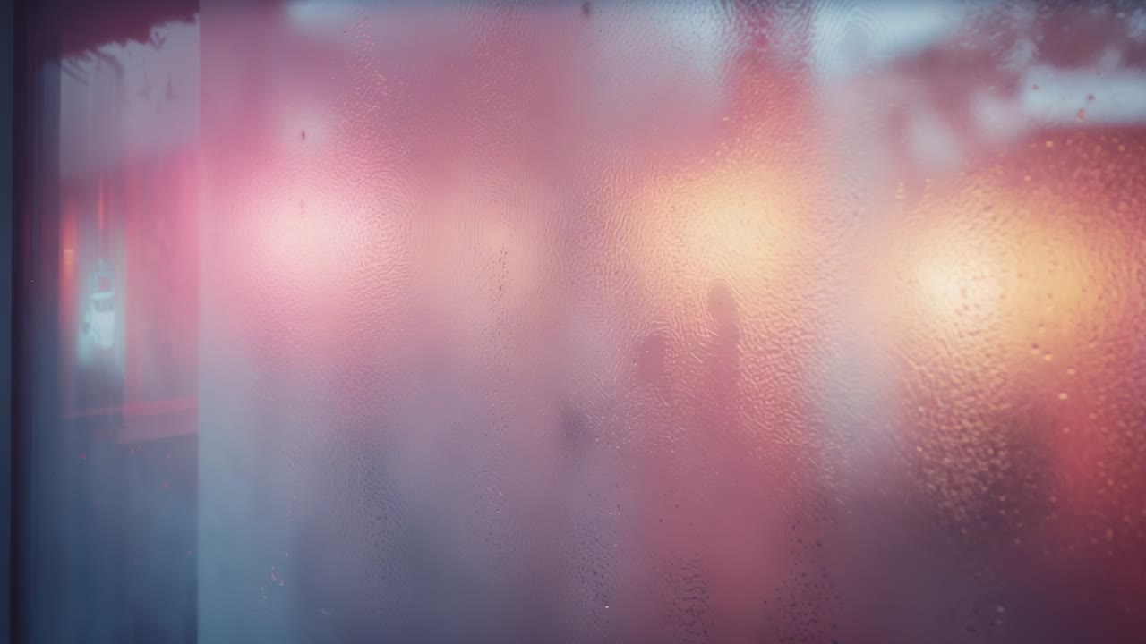 Scene starting showing glass pane collecting raindrops at shelter, silhouette gliding behind lights